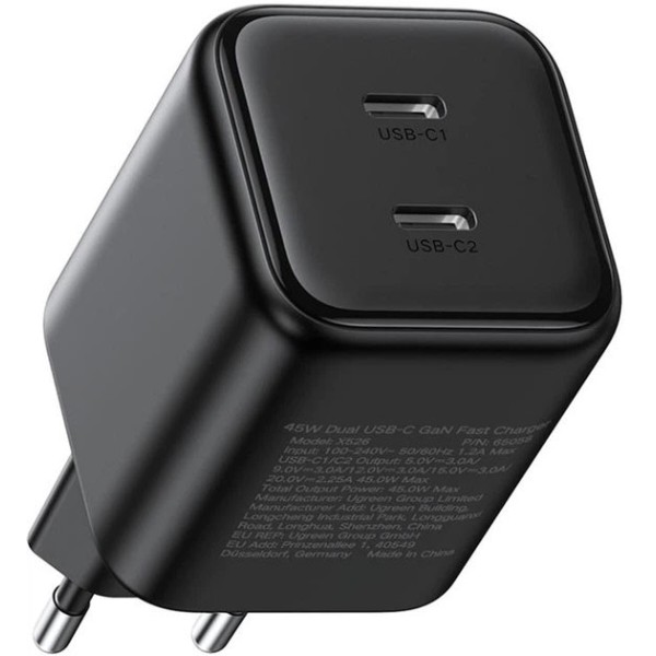 Фото - Мережевий зарядний пристрій UGREEN X526 2xUSB-C 45W GaN Fast Charger Black (65058)